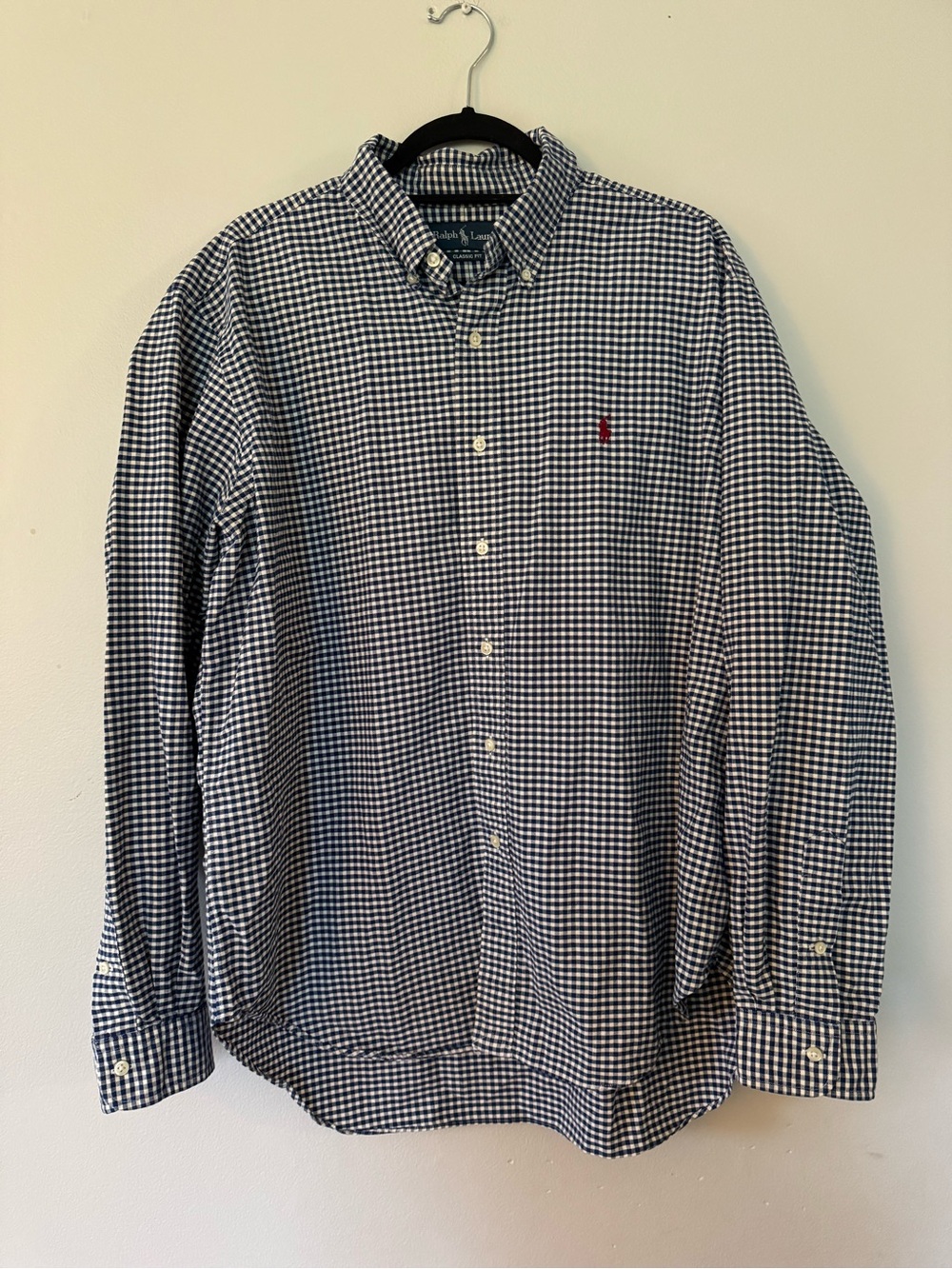 Ralph Lauren Classic Fit Navy White Gingham Check Button Down Red Pony